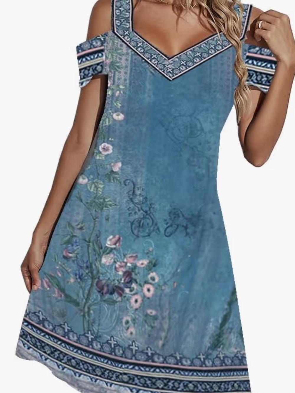 Boho Blue Floral Cold Shoulder V-Neck Summer Dress - Size MEDIUM
